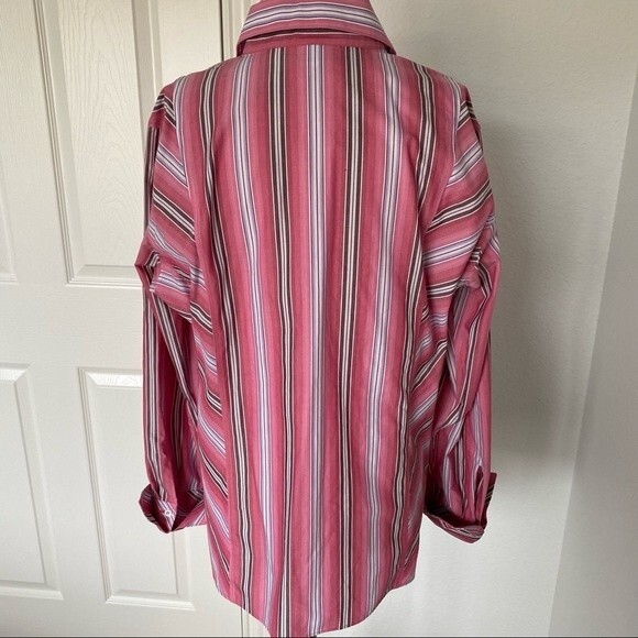 Liz Claiborne No Iron Purple Pink Stripe Button Front Long Sleeve Top SZ 14 - Picture 4 of 8